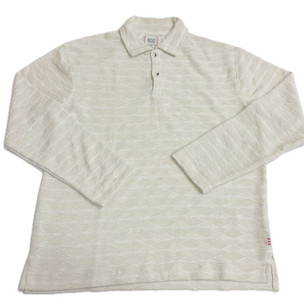 BDG Polo Shirt Mens Small‎ Cream Diamond Knit Long Sleeve Retro Indie